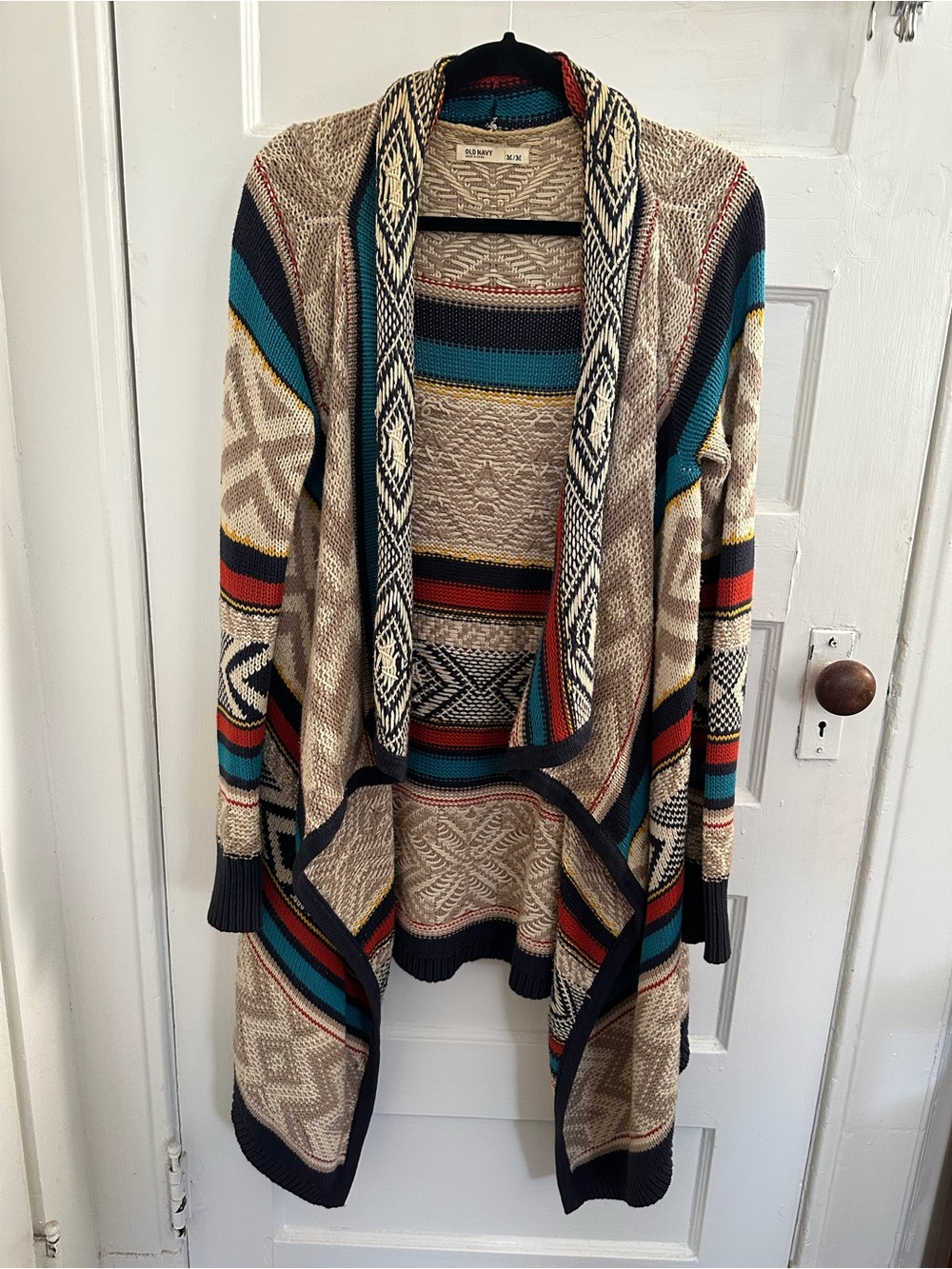 Old Navy Beige Aztec Open-Front Cardigan with Teal, Red, Navy Accents